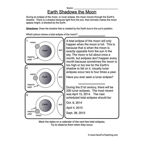 Earth Moon Worksheet