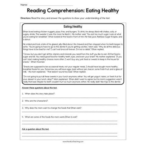 Eat Healthy Reading Comprehension Worksheet