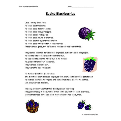 Eating Blackberries Reading Comprehension Worksheet