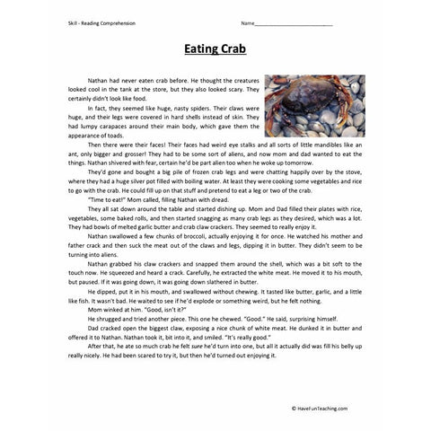 Eating Crab Reading Comprehension Worksheet