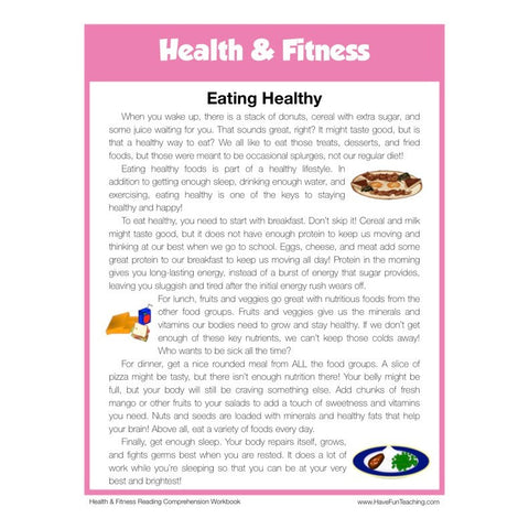 Eating Healthy Health and Fitness Reading Comprehension Worksheet