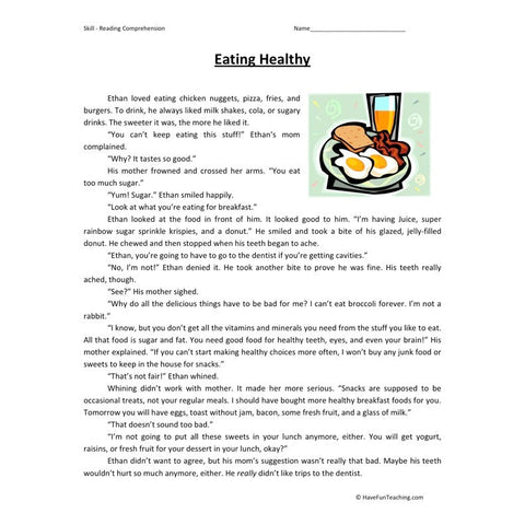 Eating Healthy Reading Comprehension Worksheet