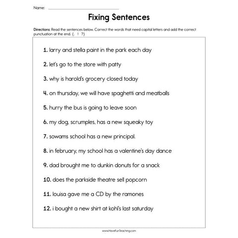 Editing Sentences Worksheet