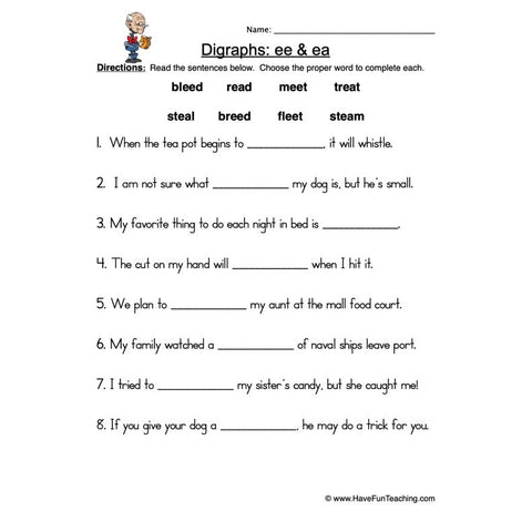 Ee Ea Digraphs Worksheet