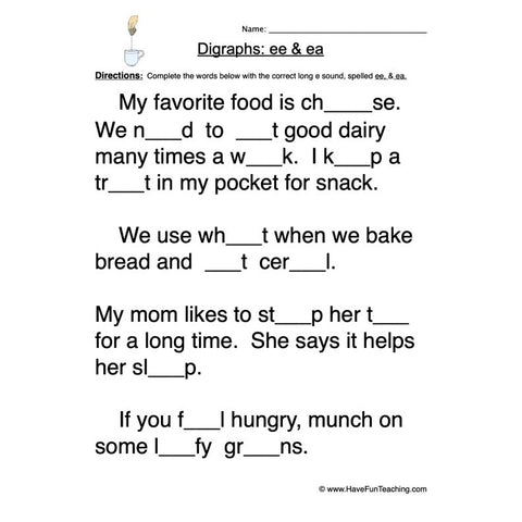 Ee Ea Digraphs Worksheet 2