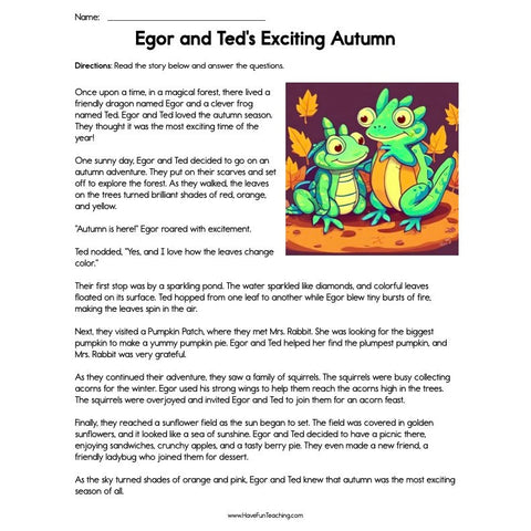 Egor and Teds Exciting Autumn Reading Comprehension Worksheet