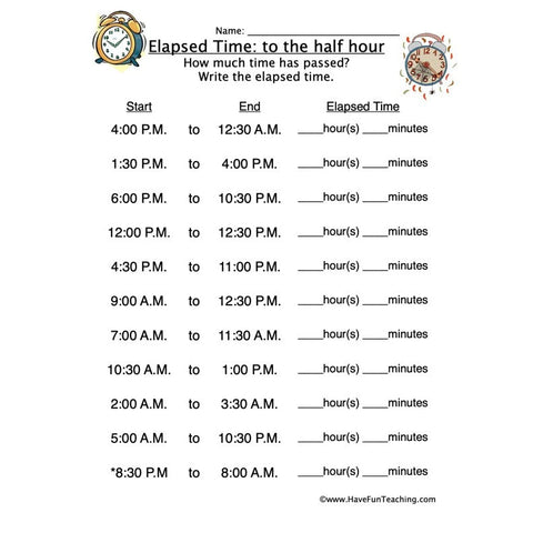 Elapsed Time Half Hour Worksheet