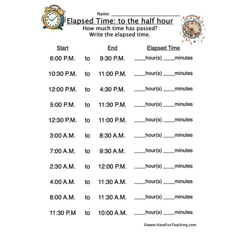 Elapsed Time Half Hour Worksheet 2