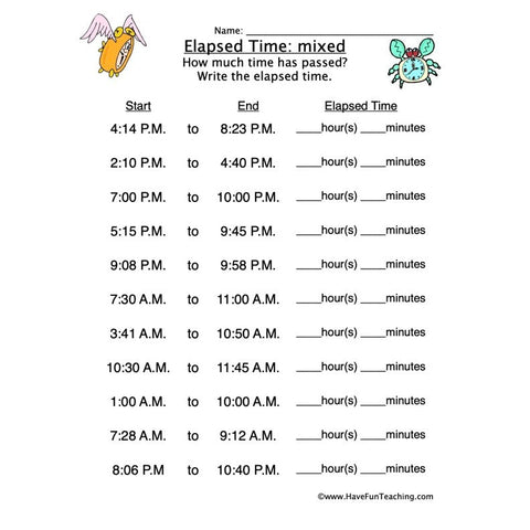 Elapsed Time Mixed Worksheet 2