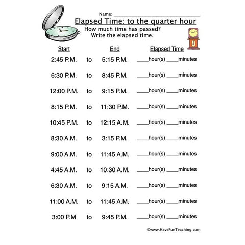 Elapsed Time Quarter Hour Worksheet 2