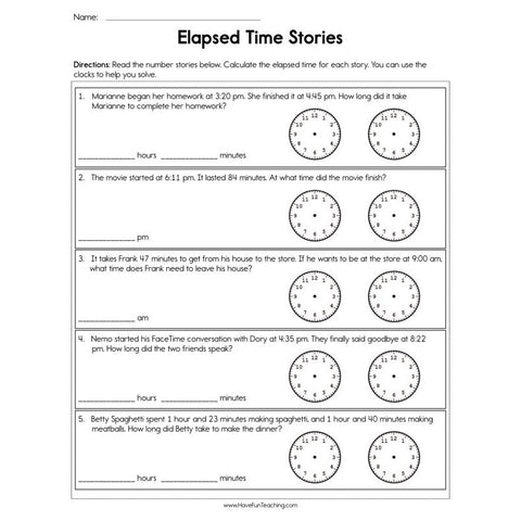 Elapsed Time Stories Worksheet