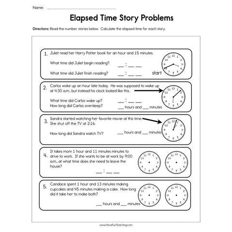 Elapsed Time Story Problems Worksheet