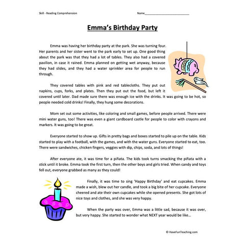 Emmas Birthday Party Reading Comprehension Worksheet
