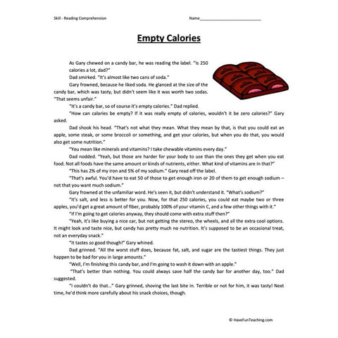 Empty Calories Reading Comprehension Worksheet