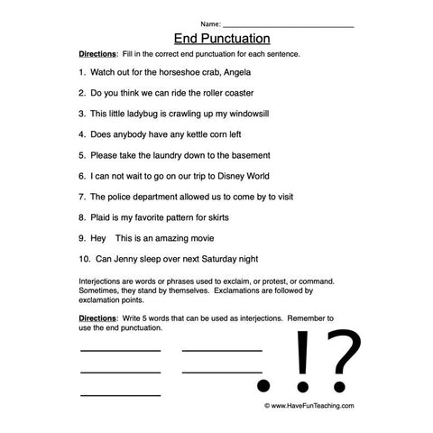 End Punctuation Worksheet