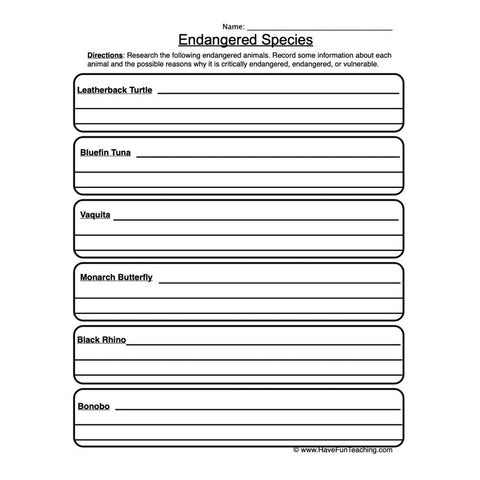 Endangered Species Worksheet