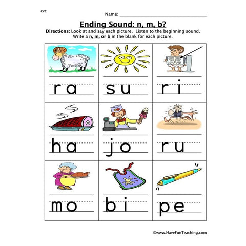 Ending Sound N M B Worksheet