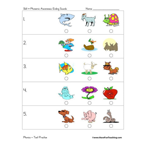 Ending Sounds Test Practice Worksheet
