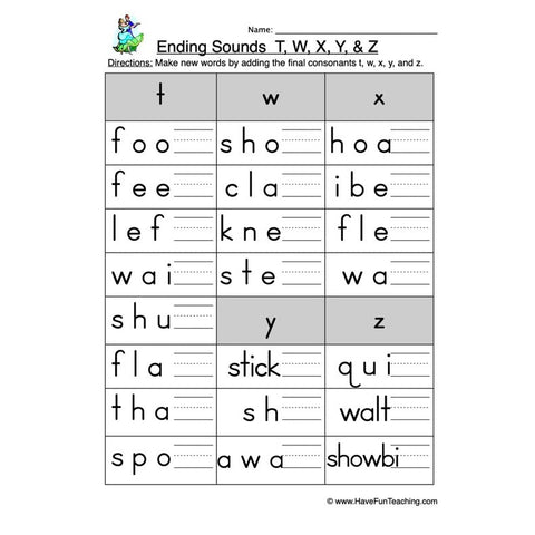 Ending T W X Y Z Worksheet