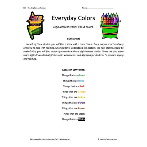 Everyday Colors Collection Kindergarten Reading Comprehension Worksheets Worksheet