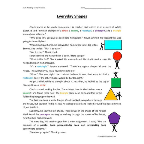 Everyday Shapes Reading Comprehension Worksheet