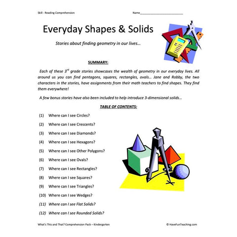 Everyday Shapes Reading Comprehension Worksheets Worksheet