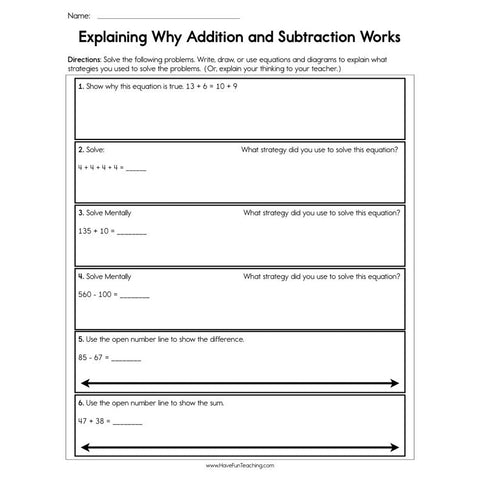 Explaining Why Addition and Subtraction Works Worksheet