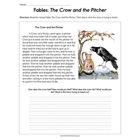 Fables the Crow and the Pitcher Worksheet