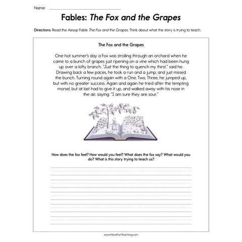 Fables the Fox and the Grapes Worksheet