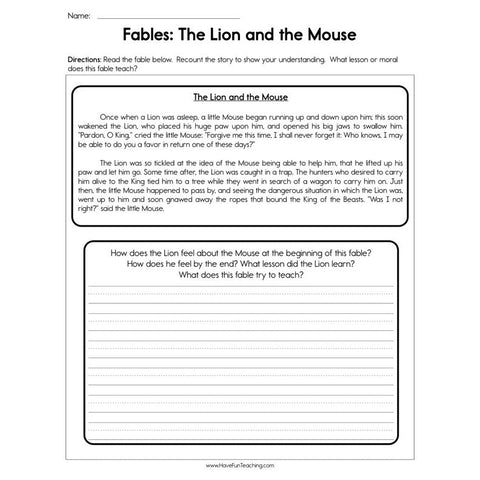 Fables the Lion and the Mouse Worksheet