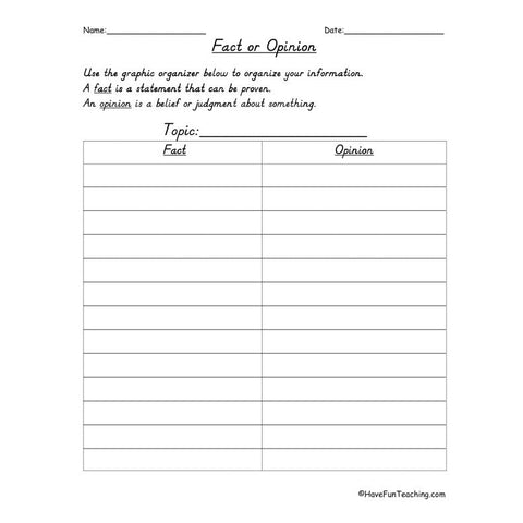 Fact and Opinion Lined Graphic Organizer