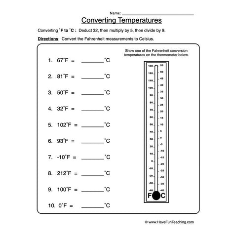 Fahrenheit to Celsius Worksheet
