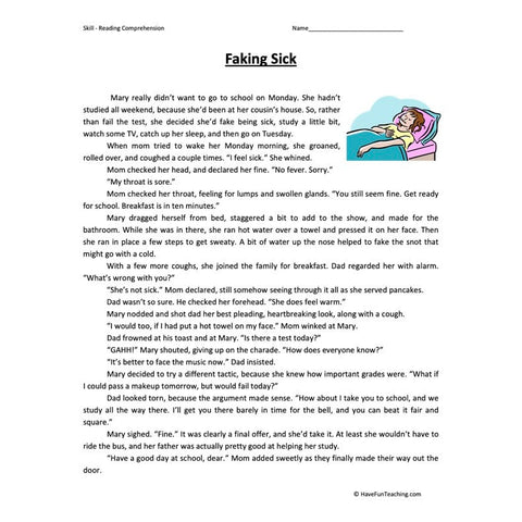 Faking Sick Reading Comprehension Worksheet