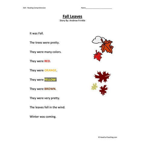 Fall Leaves Reading Comprehension Worksheet