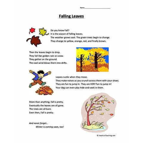 Falling Leaves Reading Comprehension Worksheet
