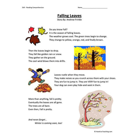 Falling Leaves Reading Comprehension Worksheet 2
