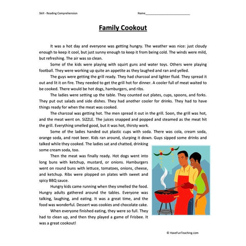 Family Cookout Reading Comprehension Worksheet
