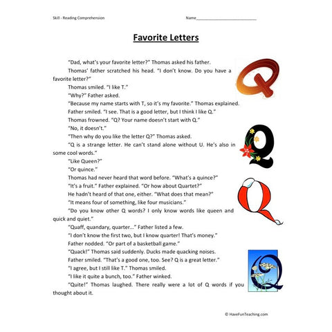 Favorite Letter Reading Comprehension Worksheet