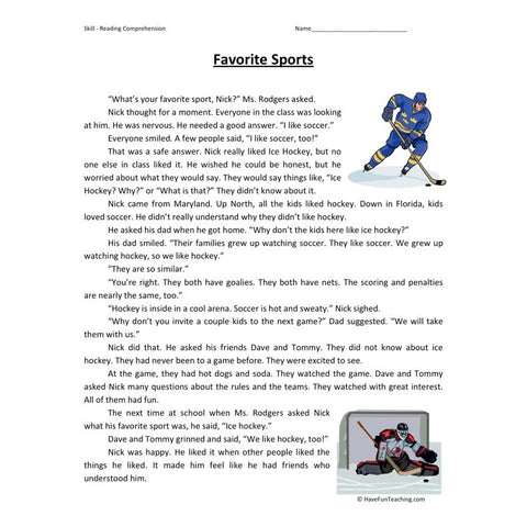 Favorite Sports Reading Comprehension Worksheet