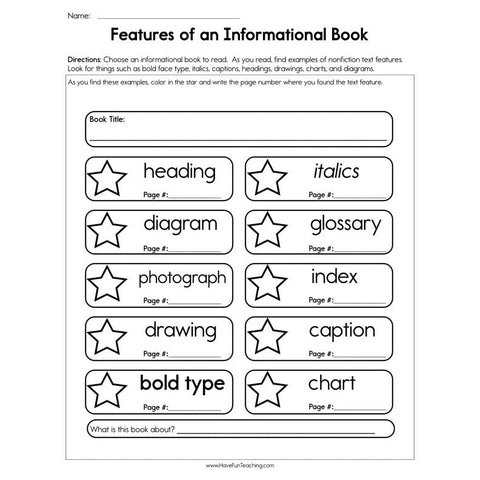 Features of an Informational Book Worksheet