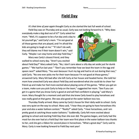 Field Day Reading Comprehension Worksheet