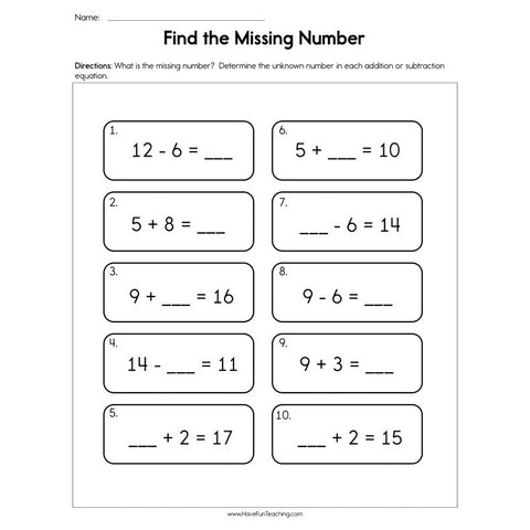 Find the Missing Number Worksheet