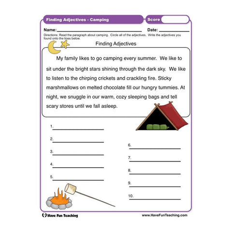 Finding Adjectives Camping Worksheet