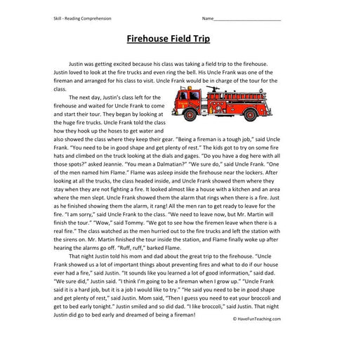 Firehouse Field Trip Reading Comprehension Worksheet