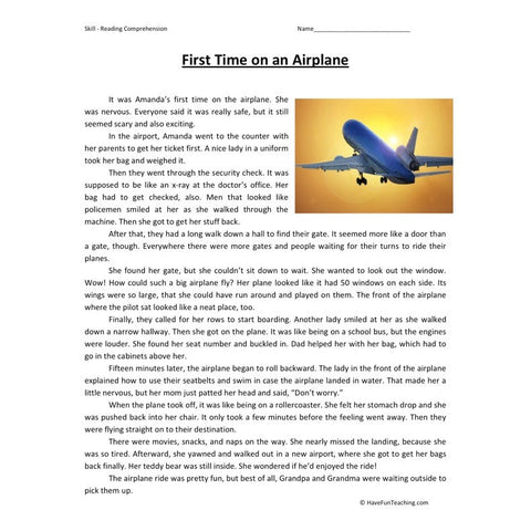First Time on an Airplane Worksheet