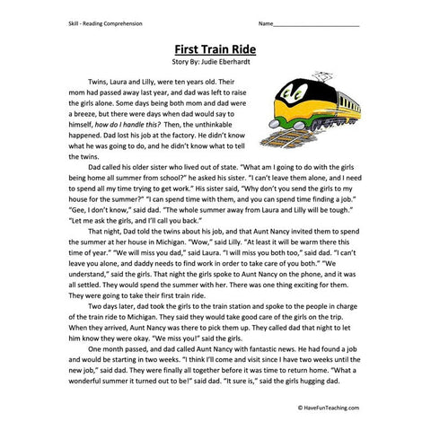 First Train Ride Reading Comprehension Worksheet