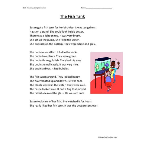 Fish Tank Reading Comprehension Worksheet