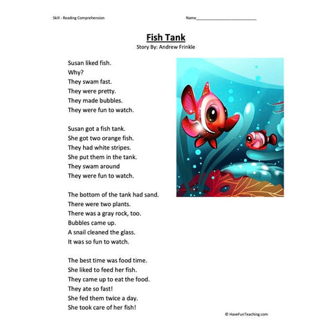 Fish Tank Reading Comprehension Worksheet 2