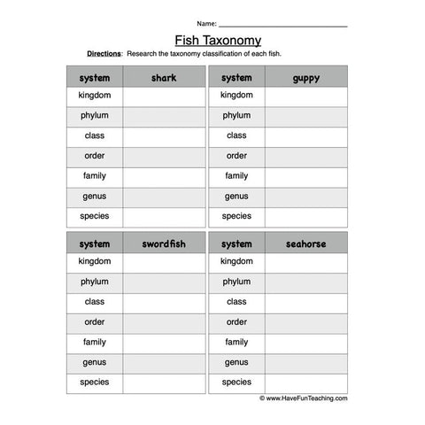 Fish Taxonomy Worksheet