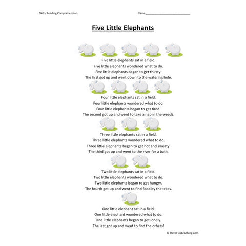 Five Little Elephants Reading Comprehension Worksheet